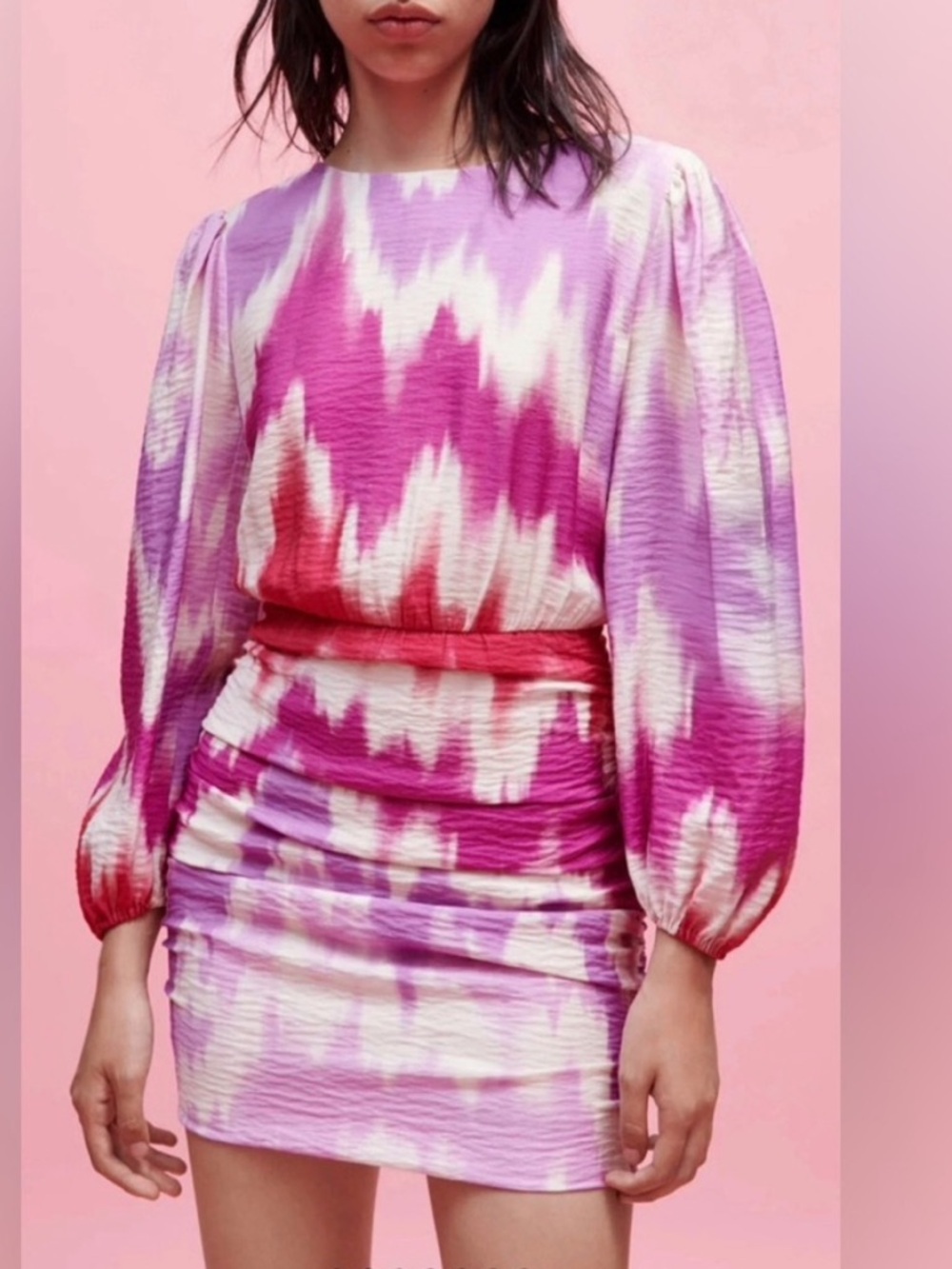 New Maje Ritie Pink Tie dye Print Crepe Ruche Mini Dress Long Sleeve Sz 36